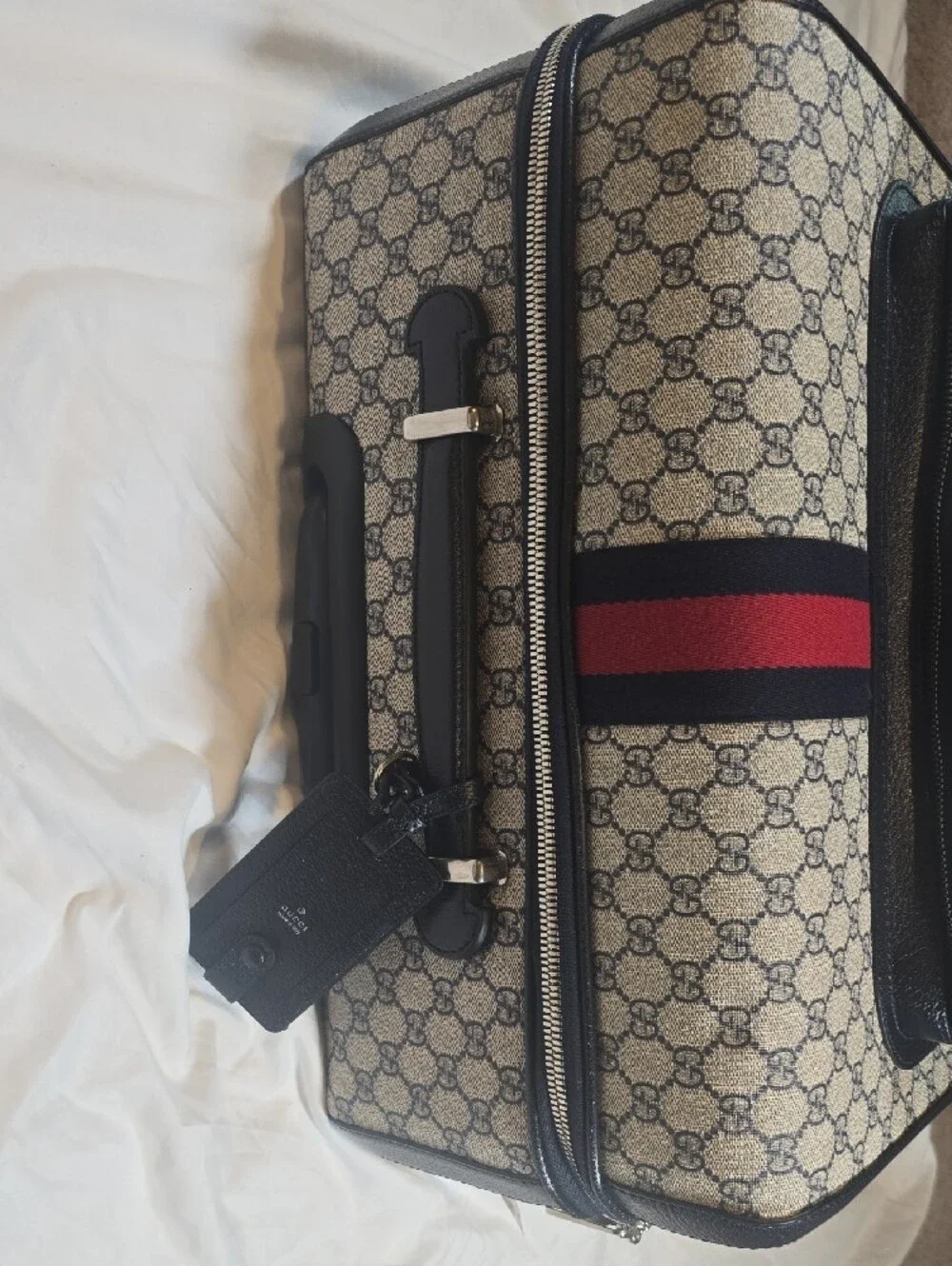 Gucci Beige GG Supreme Cabin Trolley with Navy and Red Stripes